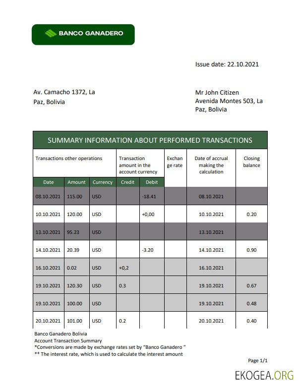 Modèle de relevé bancaire de la Bolivie Banco Ganadero, format Word et PDF